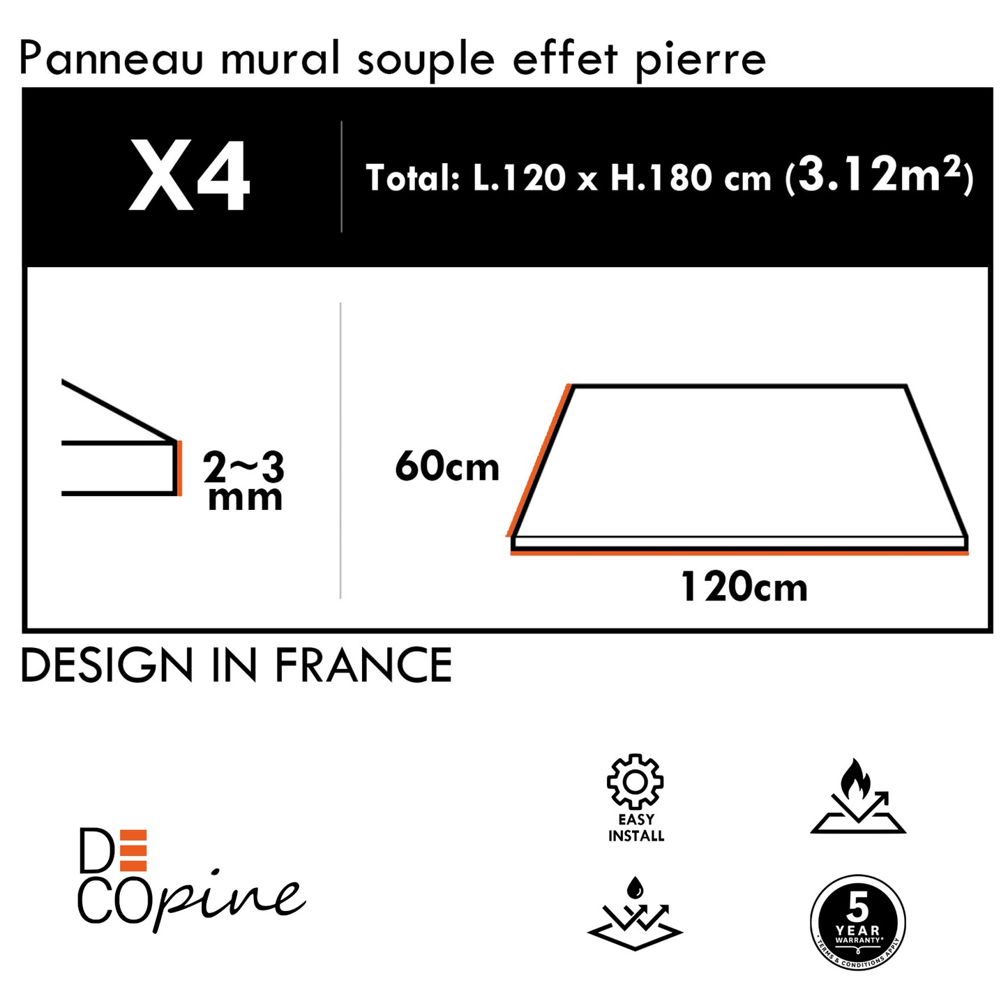 Panneau Mural Souple en Pierre Naturelle – Effet Travertin Noir Anthracite – 60×120 cm – Lot de 4 – B01TB05