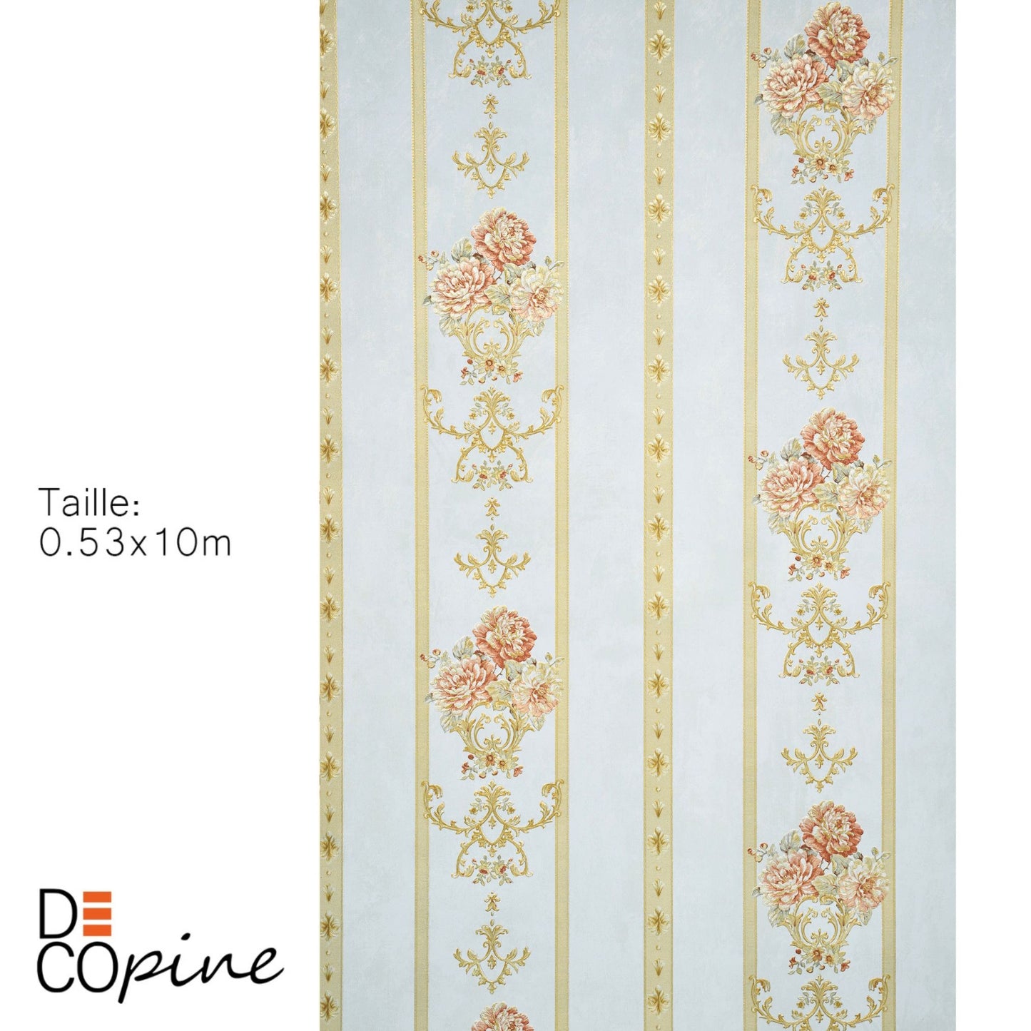 Decopine Papier Peint Intissé Ruban Royal – Rayures Dorées & Fleurs Classiques – Bleu Pâle – 0,53 x 10m – Sans Colle