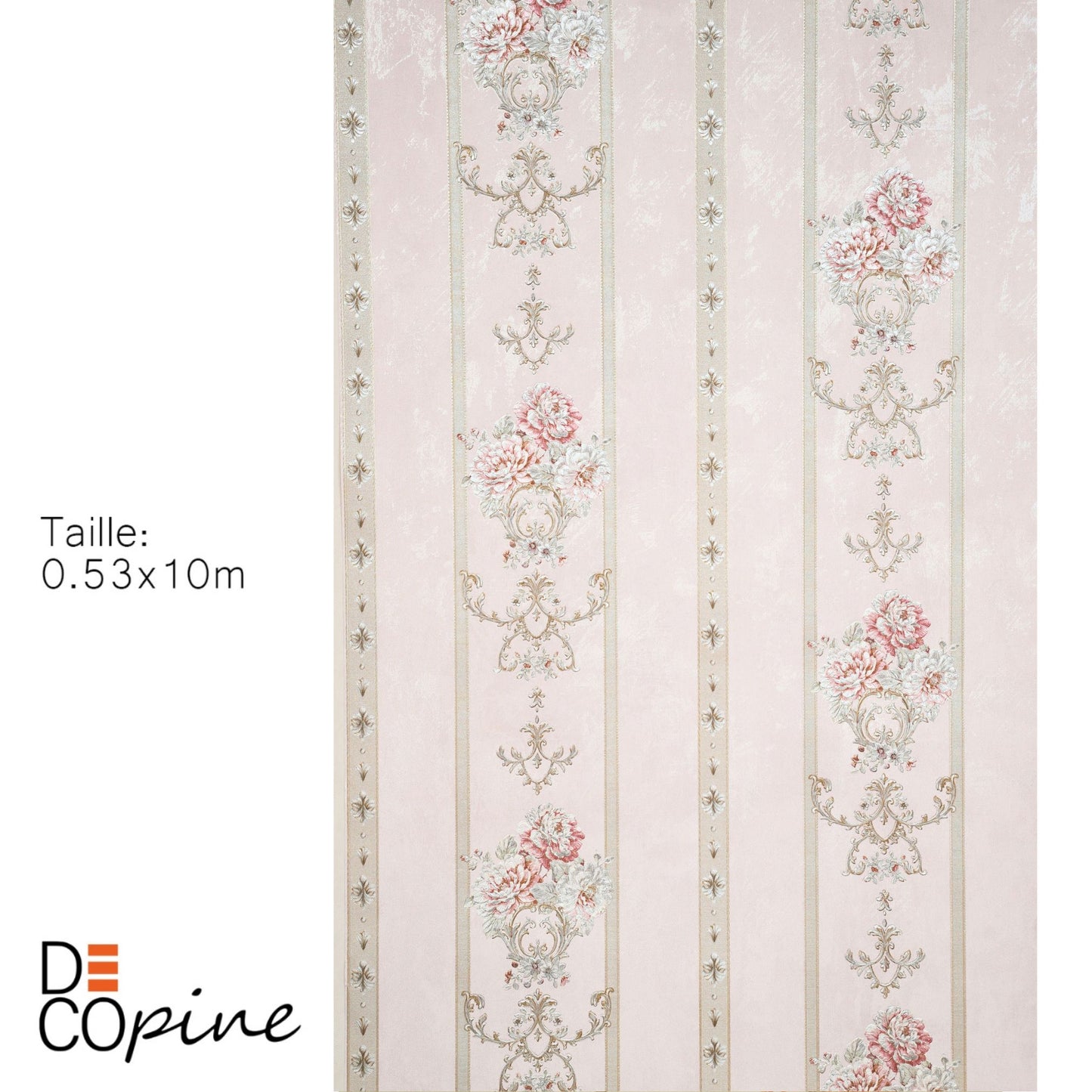 Decopine Papier Peint Intissé Ruban Royal – Rayures Classiques & Fleurs Romantiques – Rose Poudré – 0,53 x 10m – Sans Colle