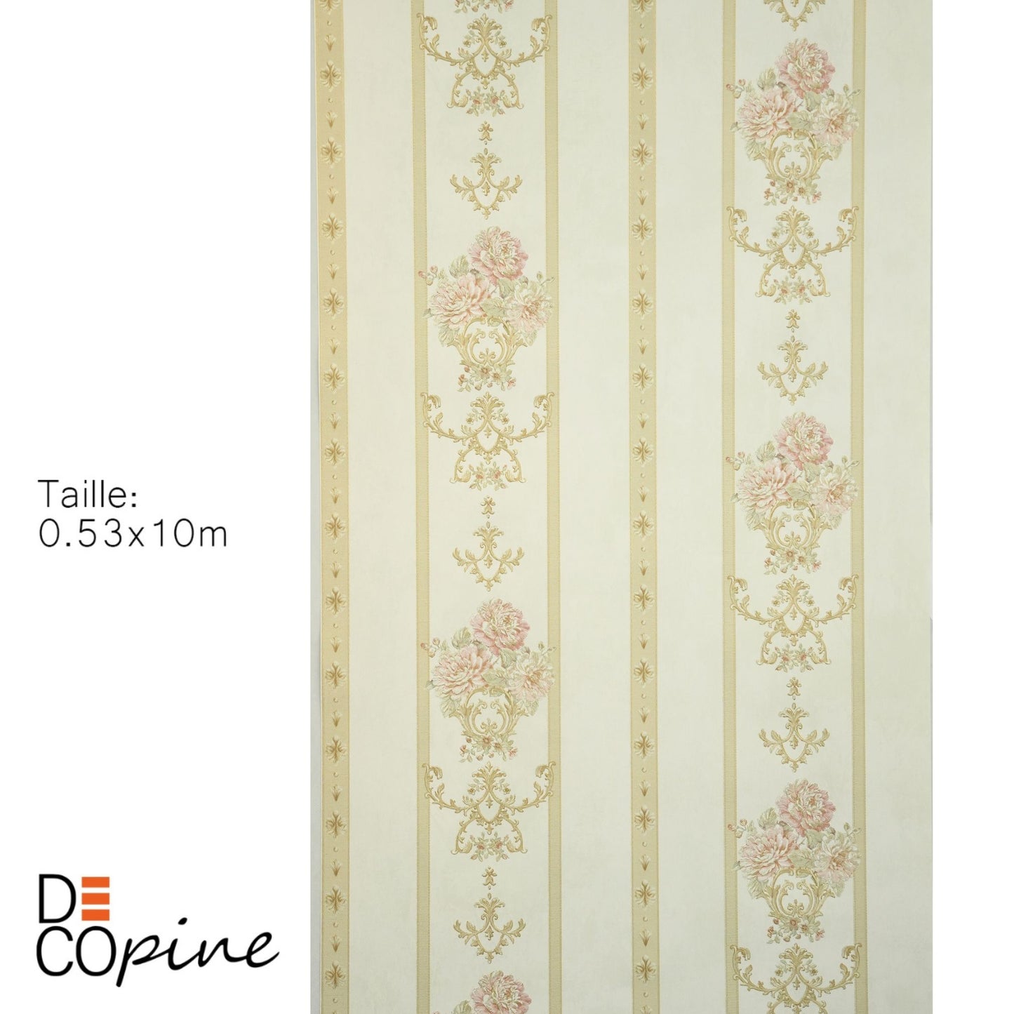 Decopine Papier Peint Intissé Ruban Royal – Rayures Dorées & Fleurs Classiques – Beige Doux – 0,53 x 10m – Sans Colle