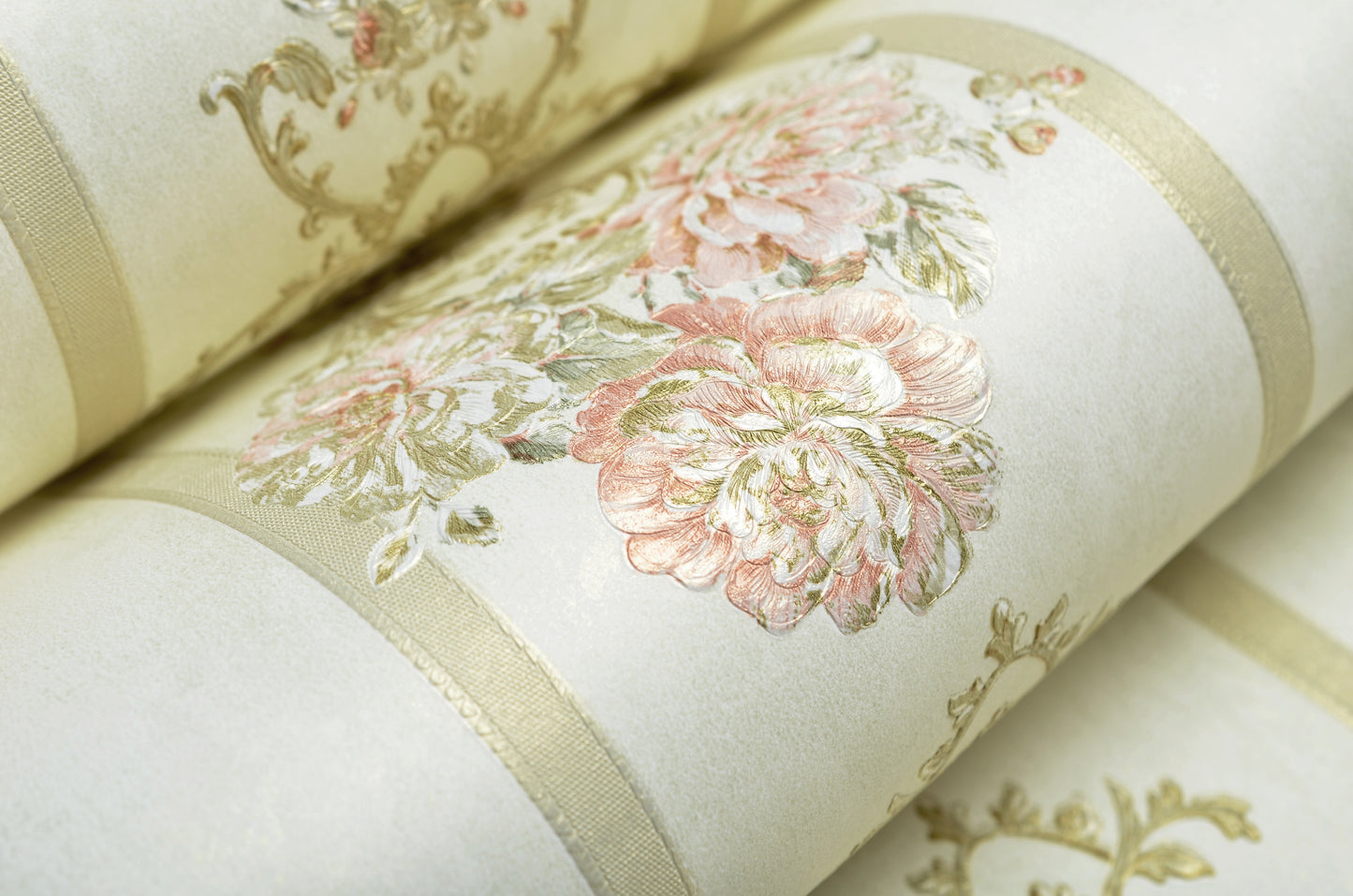 Decopine Papier Peint Intissé Ruban Royal – Rayures Dorées & Fleurs Classiques – Beige Doux – 0,53 x 10m – Sans Colle