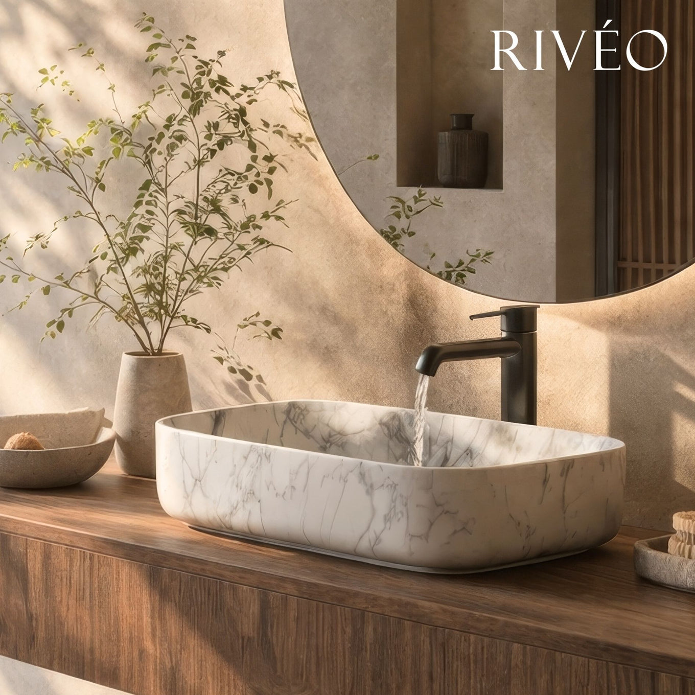 RIVÉO Rectangular Rounded Countertop Basin, Veined Grey White – 500 × 390 mm – With Waste