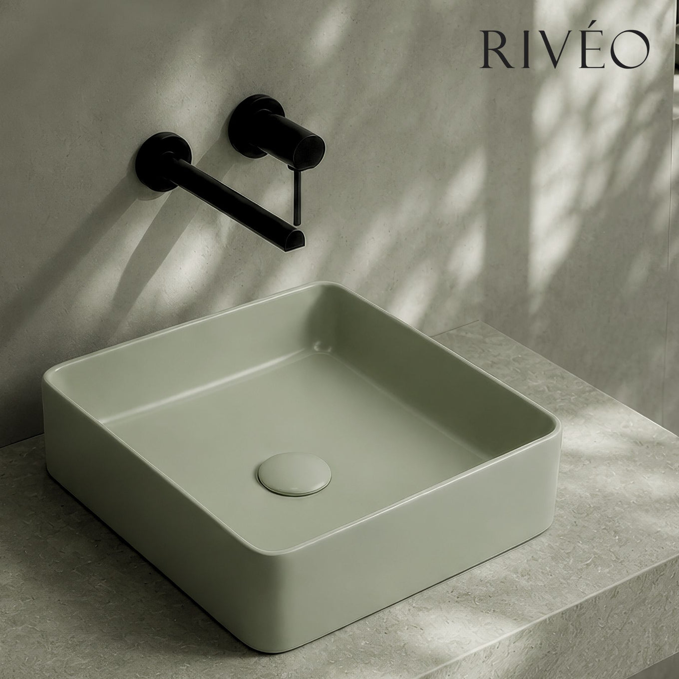 RIVÉO Light Sage Green Rounded Square Countertop Basin – 365 × 365 mm – With Drain