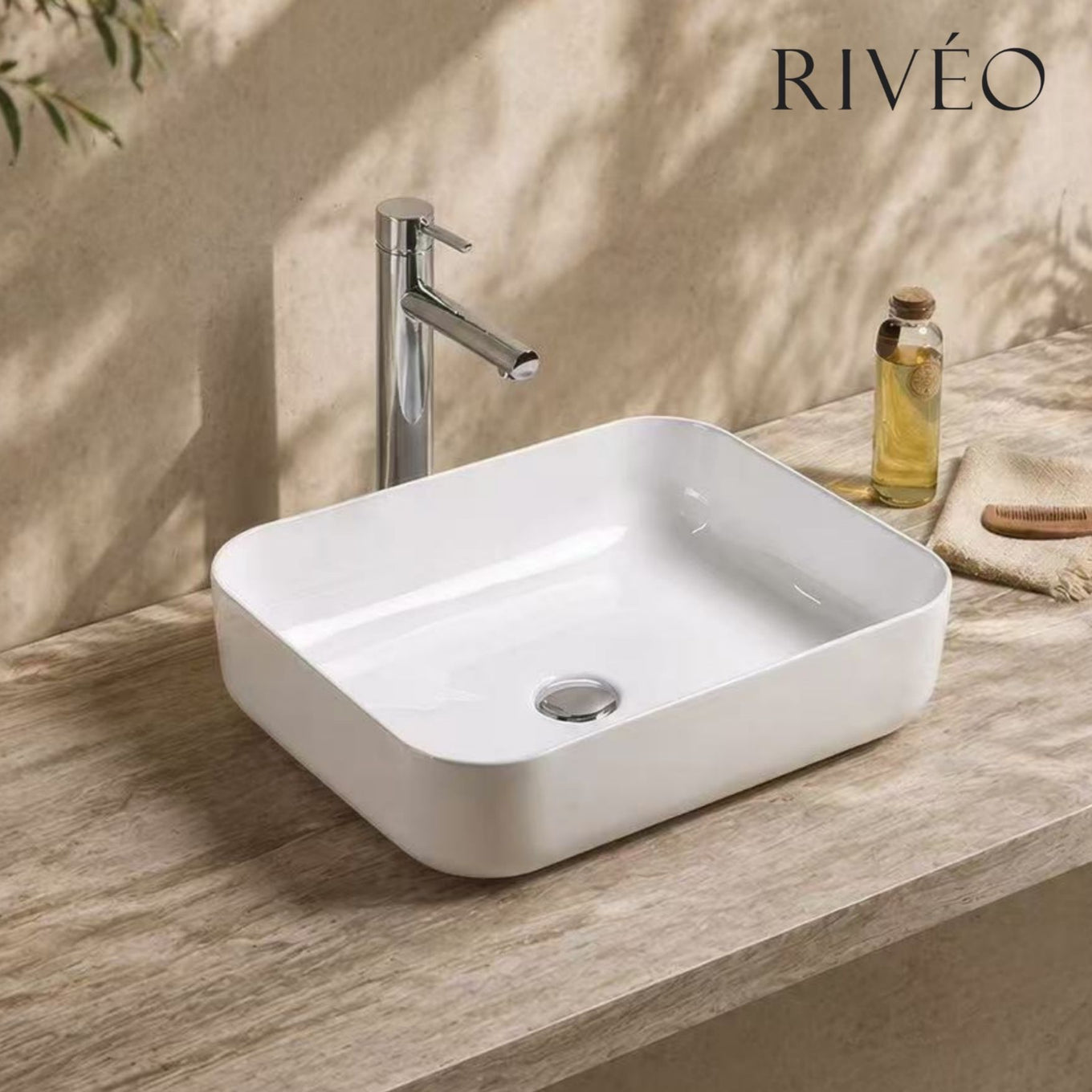 RIVÉO Rectangular Countertop Basin with Rounded Edges – 500 × 400 mm – With Waste