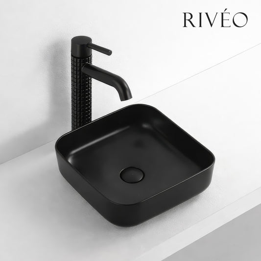 Vasque à Poser Carrée Arrondie RIVÉO – 385 × 385 mm – Avec Bonde