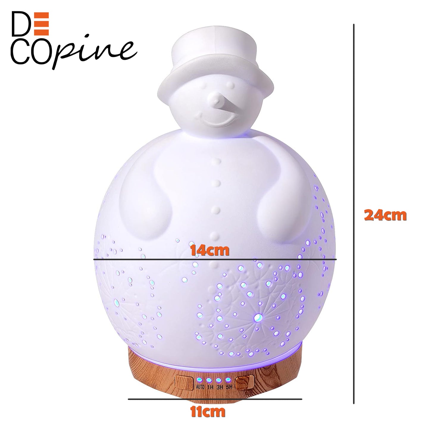 DecopineⓇ Diffuseur d’Huiles Essentielles - Design Bonhomme de Neige en Céramique - Humidificateur LED (24cm)