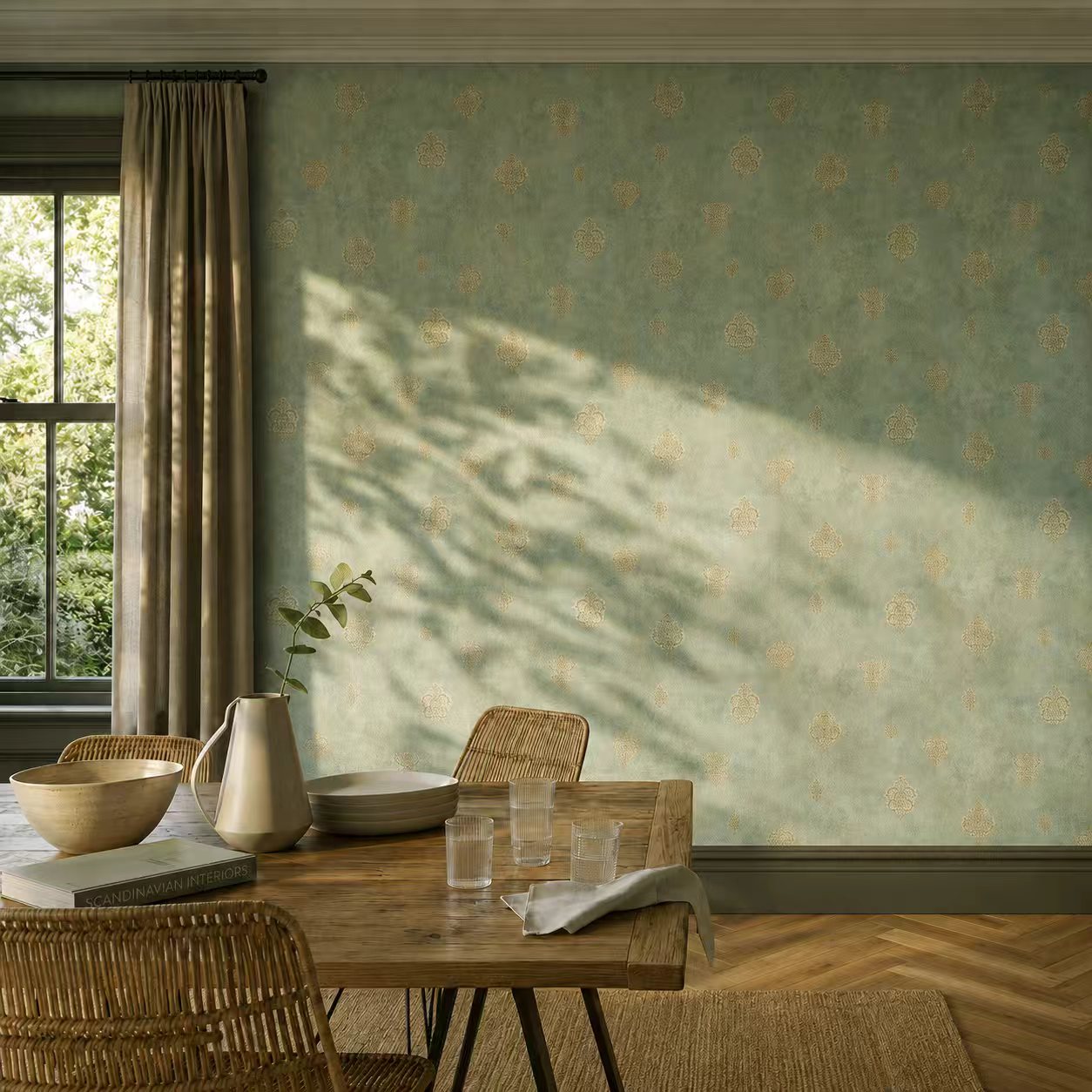 Papier Peint Intissé Imperium Luxe – Médaillon Doré sur Vert Sauge – 0,53 x 10m