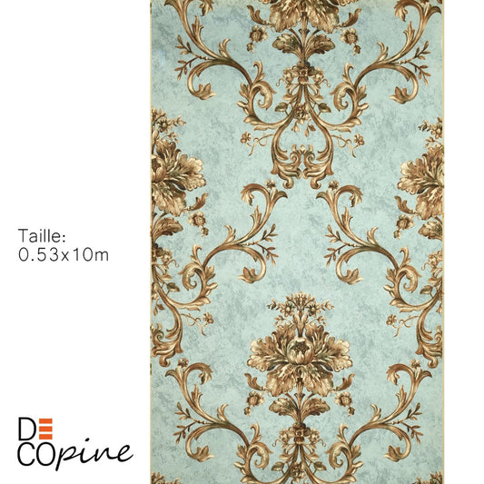 Papier Peint Intissé Maison d’Or – Décor Floral 3D Bleu Vert – 0,53 x 10m – Sans Colle