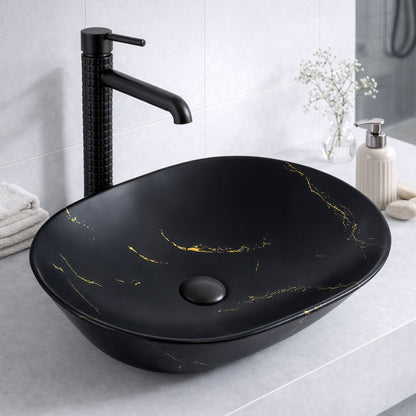 Vasque à Poser Ovale Noir Marbre Veiné Or RIVÉO – 590 × 425 mm – Avec Bonde