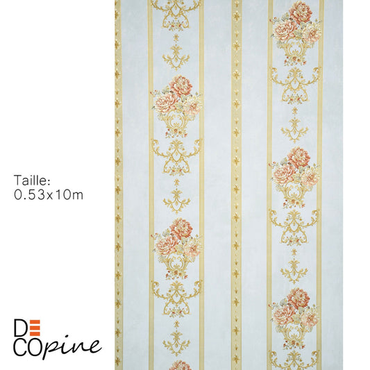 Decopine Papier Peint Intissé Ruban Royal – Rayures Dorées & Fleurs Classiques – Bleu Pâle – 0,53 x 10m – Sans Colle