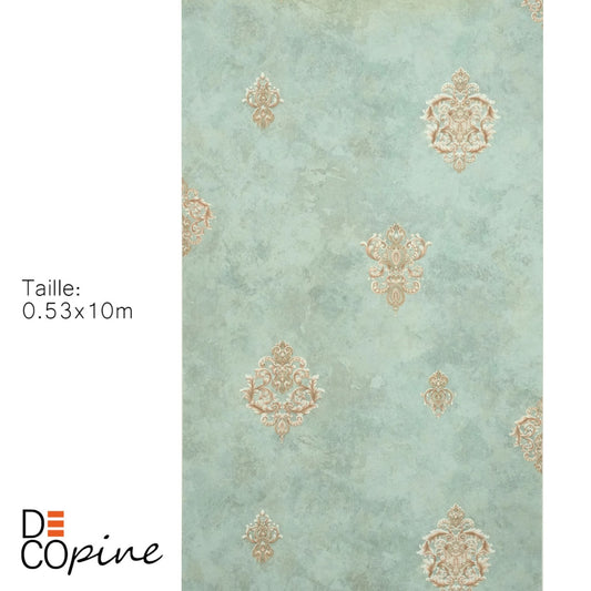 Decopine Papier Peint Intissé Imperium Luxe – Médaillon Doré sur Vert Sauge – 0,53 x 10m – Sans Colle