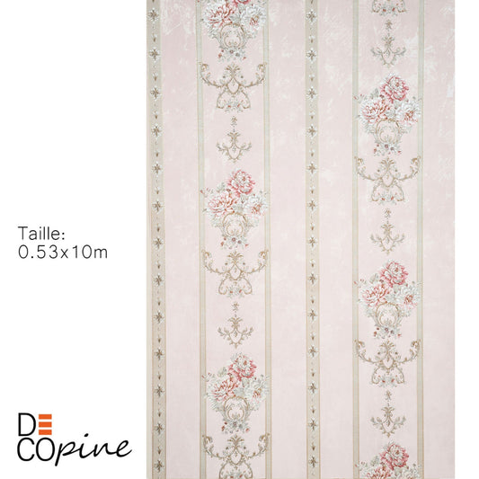 Decopine Papier Peint Intissé Ruban Royal – Rayures Classiques & Fleurs Romantiques – Rose Poudré – 0,53 x 10m – Sans Colle