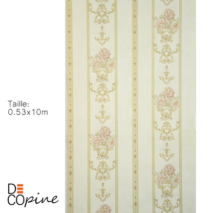 Decopine Papier Peint Intissé Ruban Royal – Rayures Dorées & Fleurs Classiques – Beige Doux – 0,53 x 10m – Sans Colle