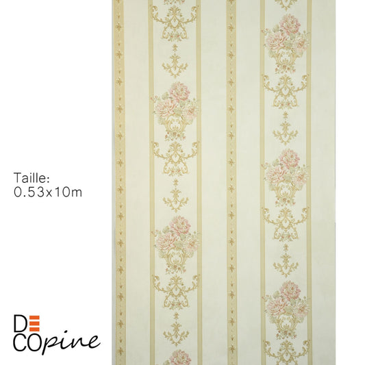 Decopine Papier Peint Intissé Ruban Royal – Rayures Dorées & Fleurs Classiques – Beige Doux – 0,53 x 10m – Sans Colle