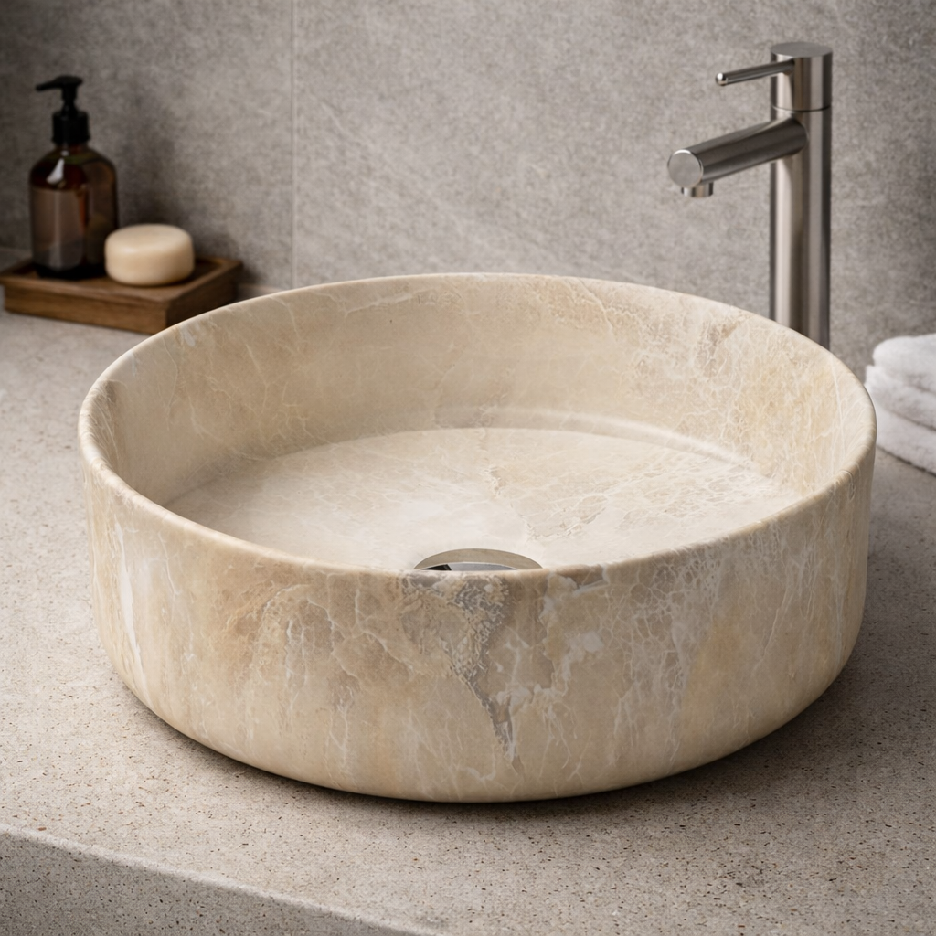 RIVÉO Beige Marble Effect Round Countertop Basin – 360 x 360 mm – With Drain