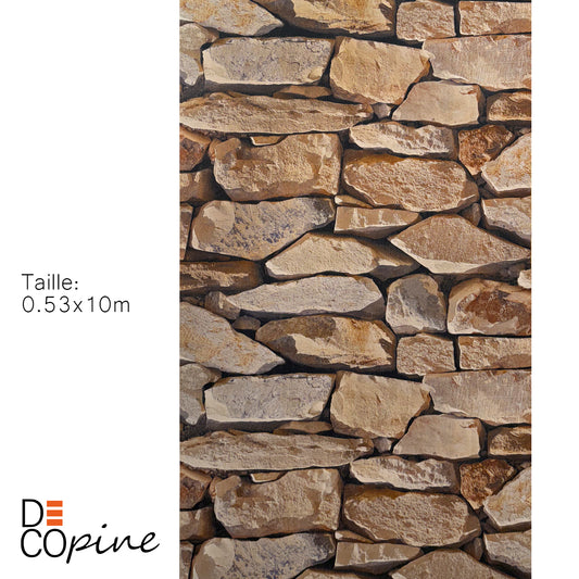 Papier Peint Effet Pierre Naturelle – Tons Beige et Marron – 0,53 x 10m – Style Rustique