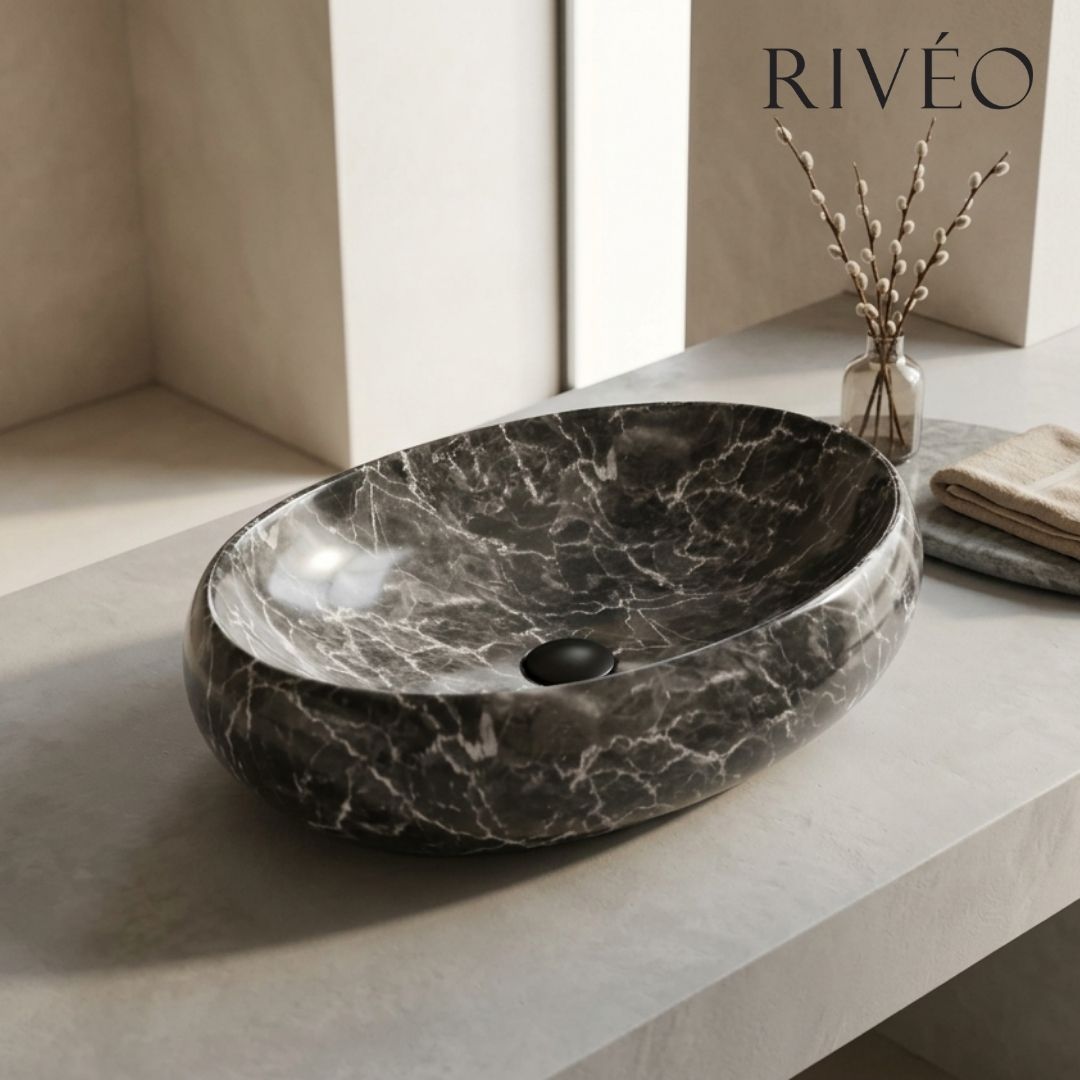 RIVÉO Oval Black Marble Effect Countertop Basin – 600 × 400 mm – With Drain