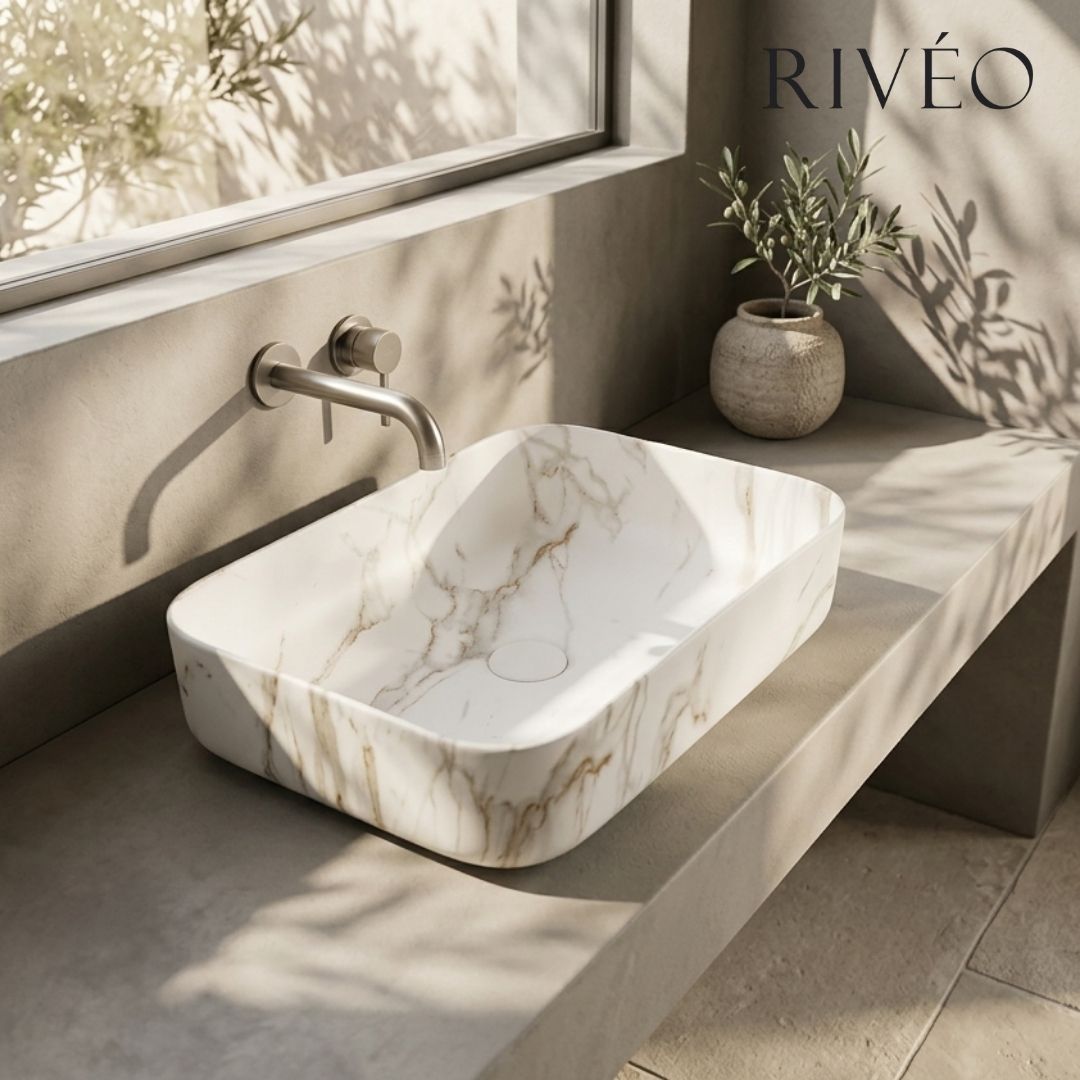Vasque à Poser Rectangulaire Arrondie Blanc Veiné Or RIVÉO – 500 × 390 mm – Avec Bonde