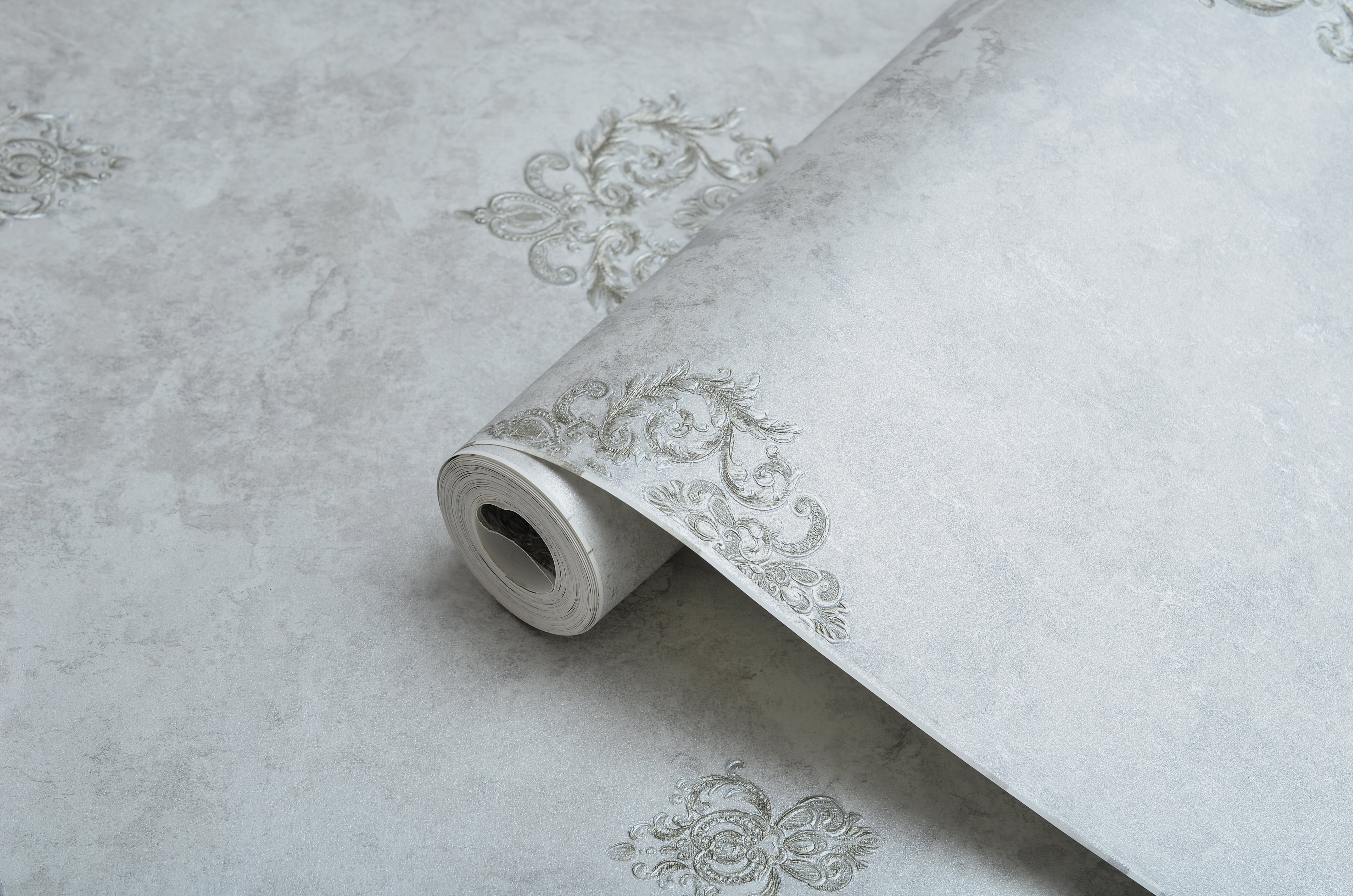 Decopine Imperium Luxe Vliestapete – Silbernes Medaillonmuster – 0,53 x 10 m – Ohne Kleber