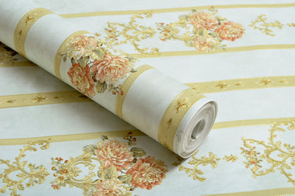 Decopine Papier Peint Intissé Ruban Royal – Rayures Dorées & Fleurs Classiques – Bleu Pâle – 0,53 x 10m – Sans Colle