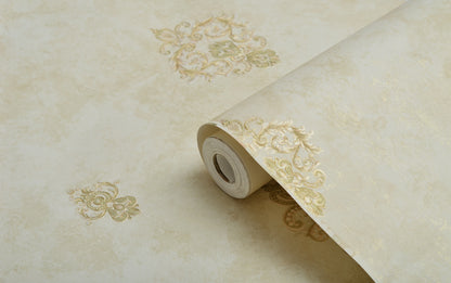 Decopine Papier Peint Intissé Imperium Luxe – Médaillon Doré sur Beige Minéral – 0,53 x 10m – Sans Colle