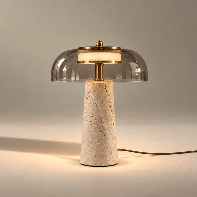 Lampe à Poser SOLÈNE – Travertin & Verre Fumé Gris