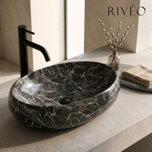 Vasque à Poser Ovale Effet Marbre Noir RIVÉO – 600 × 400 mm – Avec Bonde