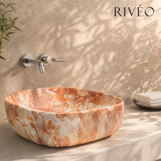 Vasque à Poser Carrée Arrondie Effet Marbre Terracotta RIVÉO – 425 × 425 mm – Avec Bonde