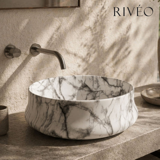 Vasque à Poser Ronde Effet Marbre Blanc RIVÉO – 455 × 455 mm – Avec Bonde