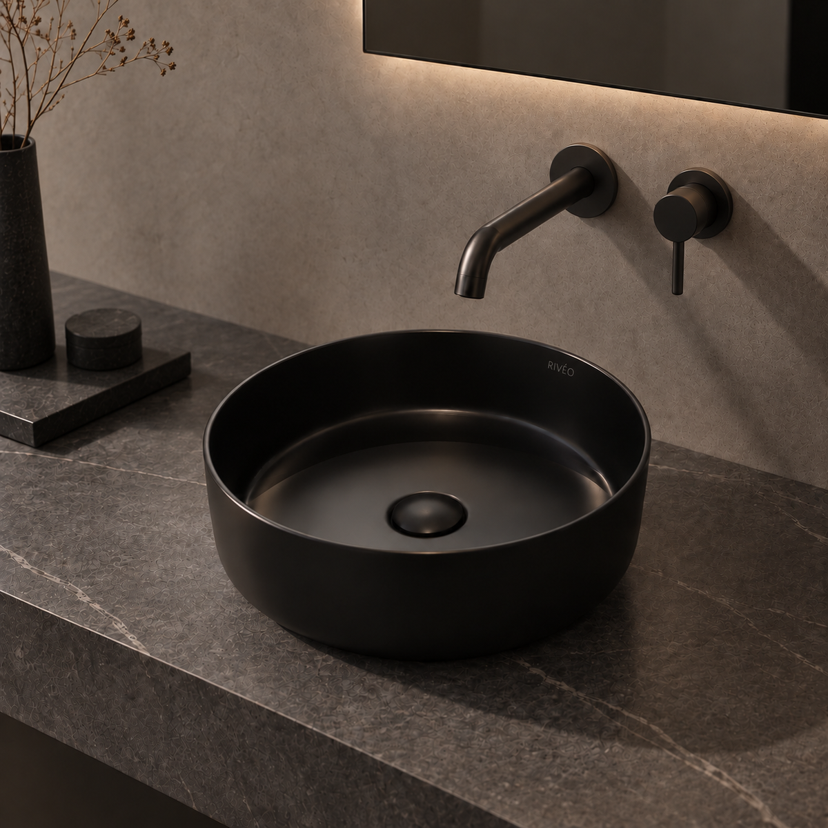 RIVÉO Beige Marble Effect Round Countertop Basin – 360 x 360 mm – With Drain