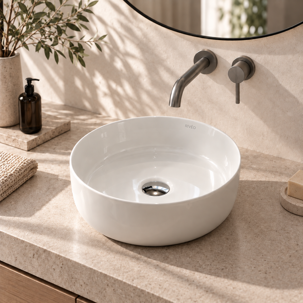 RIVÉO Beige Marble Effect Round Countertop Basin – 360 x 360 mm – With Drain