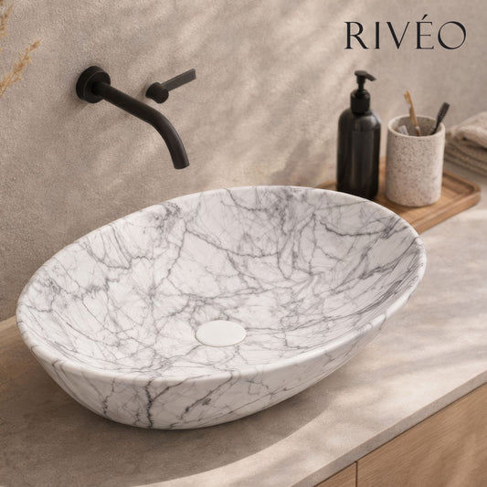 Vasque à Poser Ovale Marbre Blanc Veiné Gris RIVÉO – 590 × 425 mm – Avec Bonde
