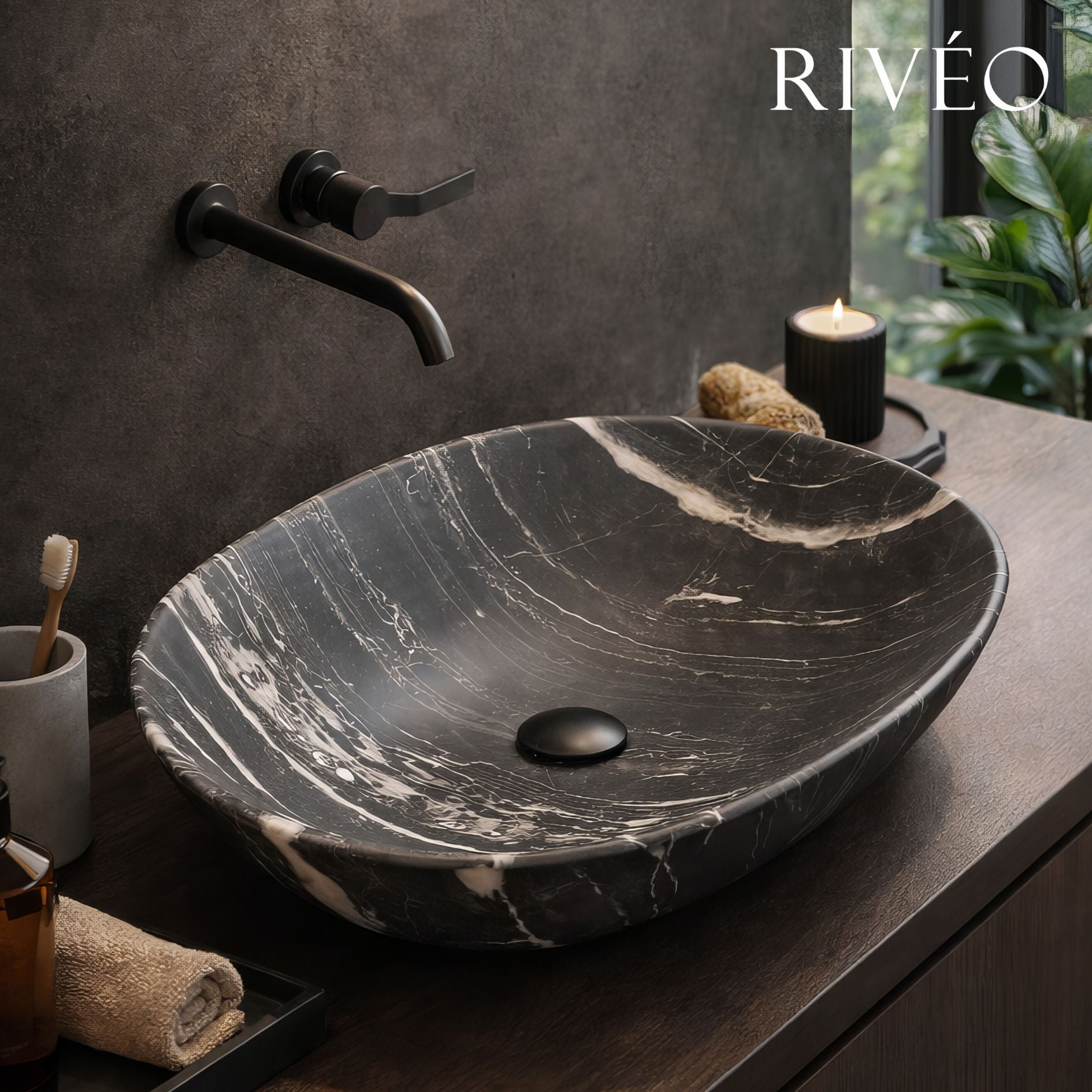 Vasque à Poser Ovale Noir Veiné Blanc RIVÉO – 590 × 425 mm – Avec Bonde