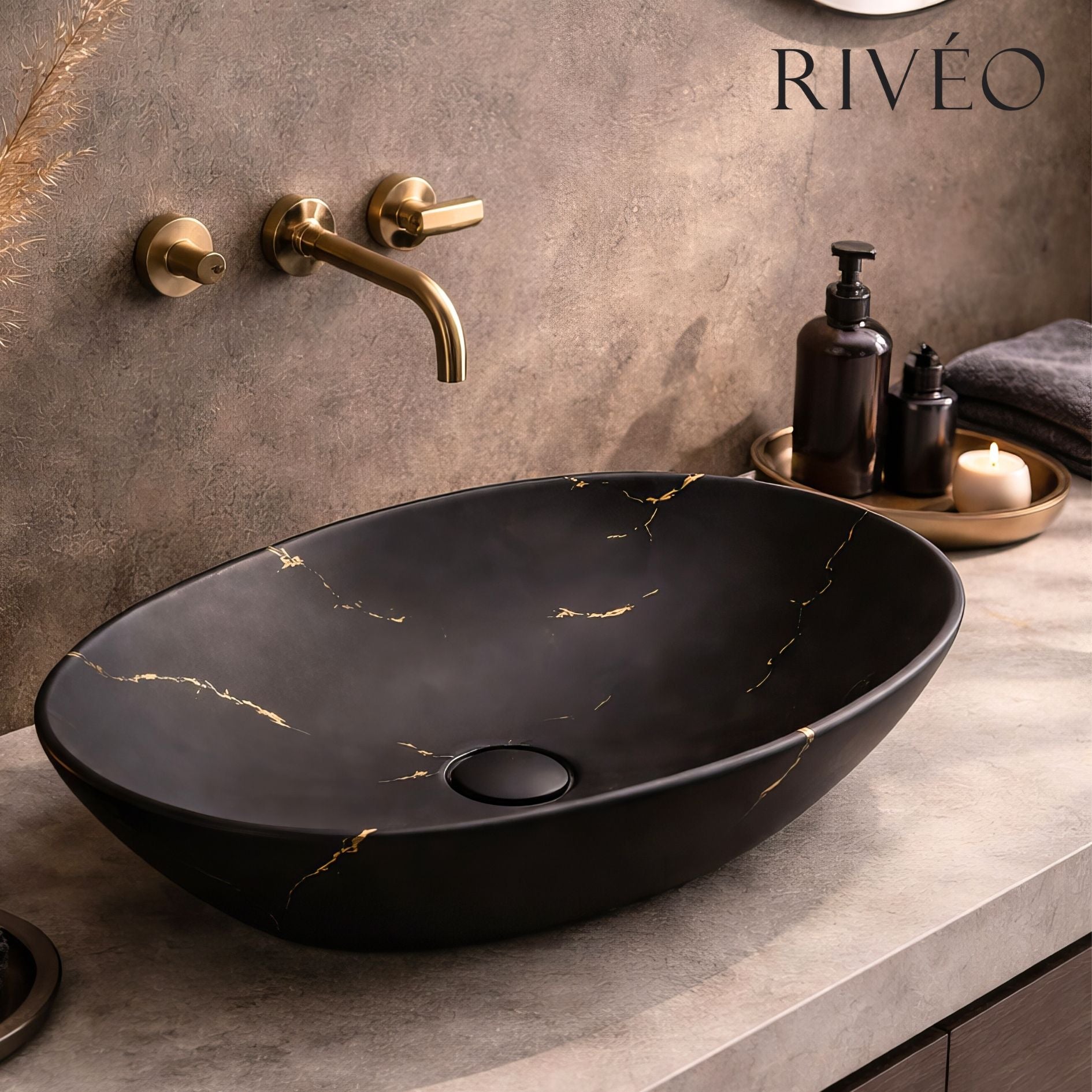 Vasque à Poser Ovale Noir Marbre Veiné Or RIVÉO – 590 × 425 mm – Avec Bonde