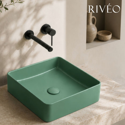Vasque à Poser Carrée Arrondie Vert Olive RIVÉO – 365 × 365 mm – Avec Bonde
