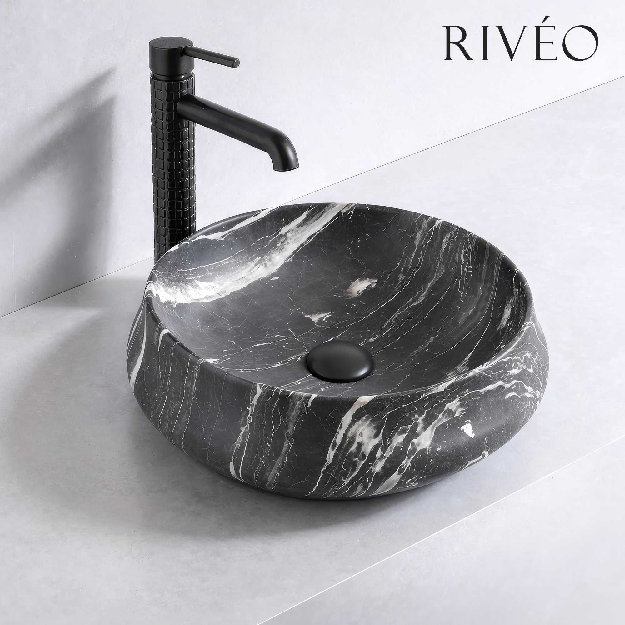 Vasque à Poser Ronde Noir Veiné Blanc RIVÉO – Ø455 mm – Avec Bonde