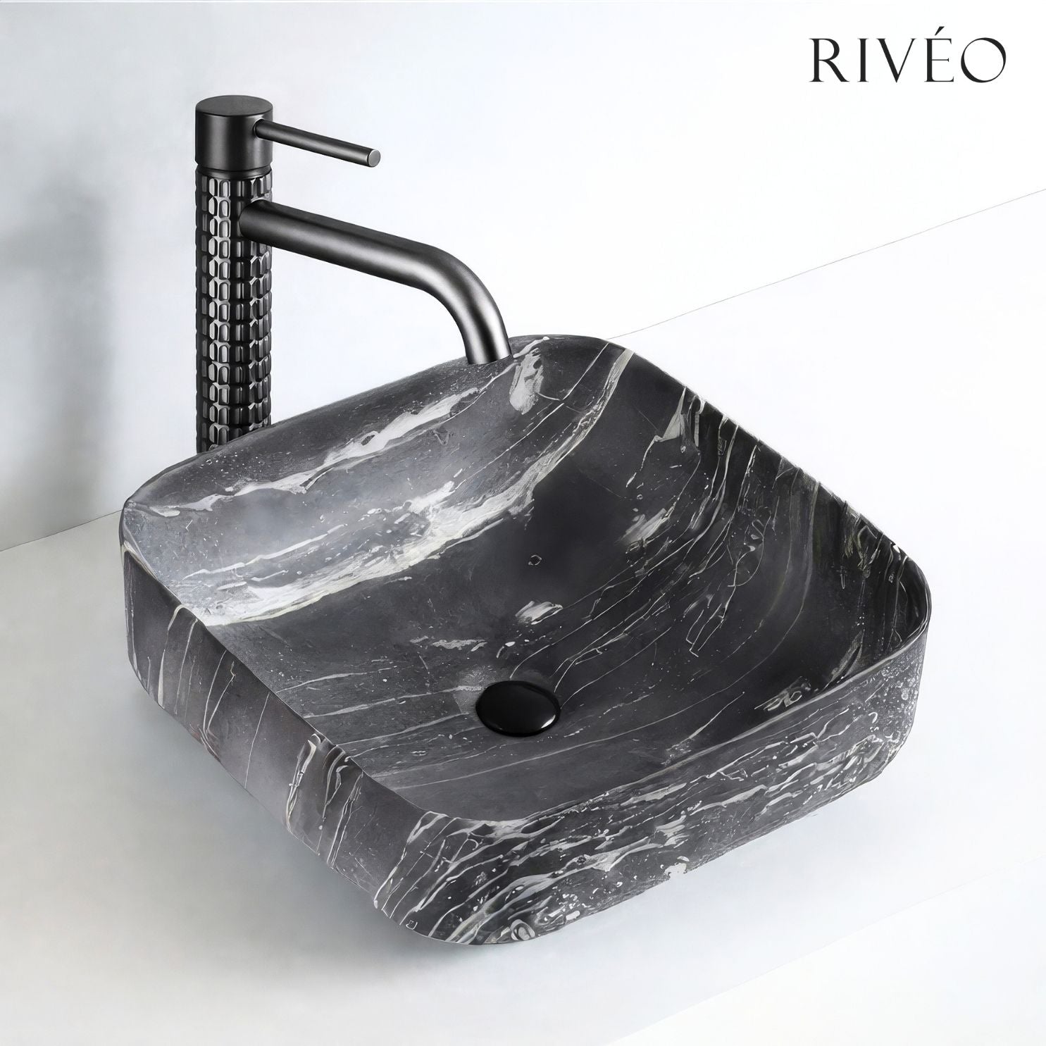Vasque à Poser Carrée Arrondie Effet Marbre Noir RIVÉO – 395 × 395 mm – Avec Bonde