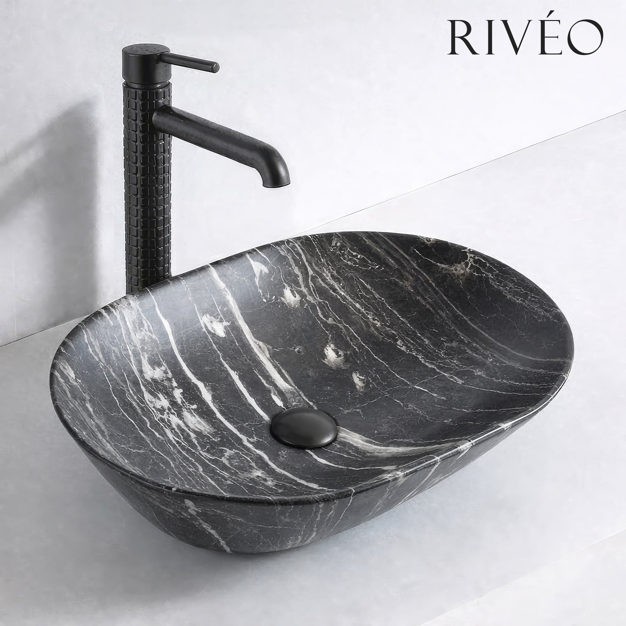 Vasque à Poser Ovale Noir Veiné Blanc RIVÉO – 590 × 425 mm – Avec Bonde