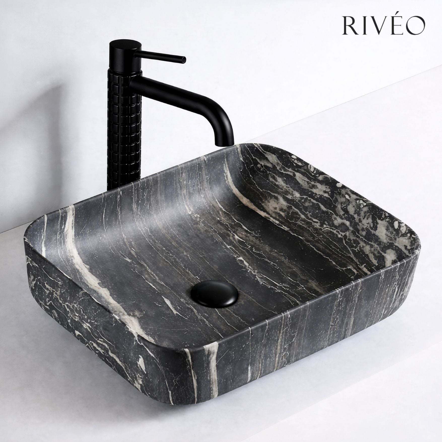 Vasque à Poser Rectangulaire Arrondie Noir Veiné Blanc RIVÉO – 500 × 390 mm – Avec Bonde