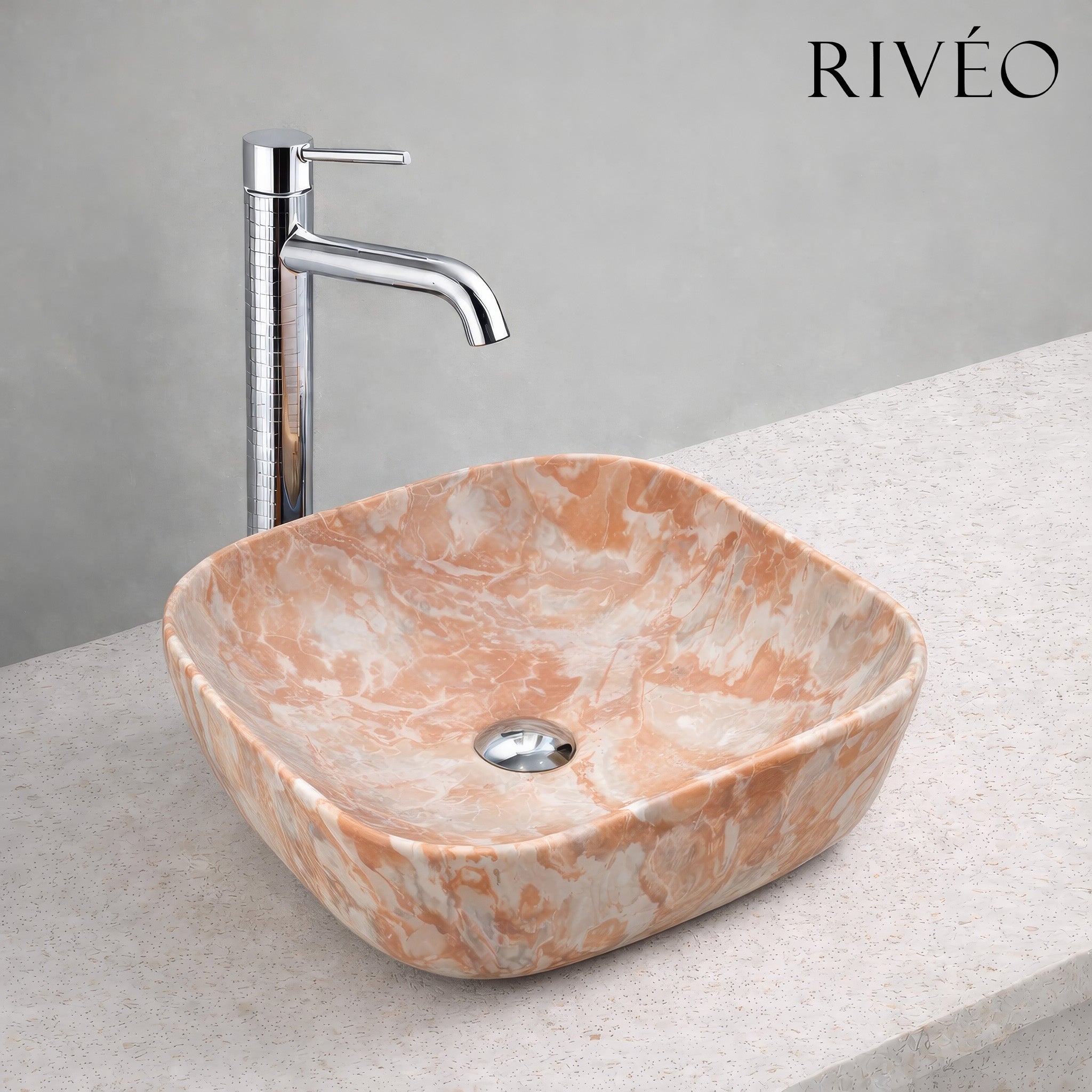 Vasque à Poser Carrée Arrondie Effet Marbre Terracotta RIVÉO – 425 × 425 mm – Avec Bonde