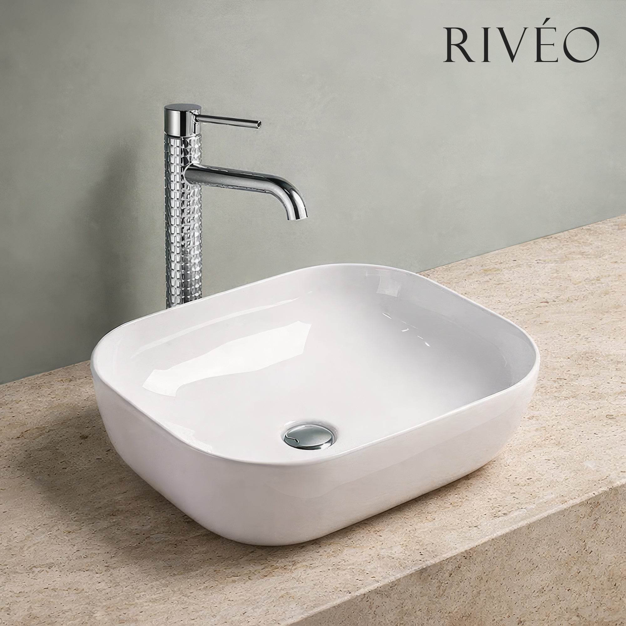 Vasque à Poser Carrée Arrondie RIVÉO – 505 × 405 mm – Avec Bonde