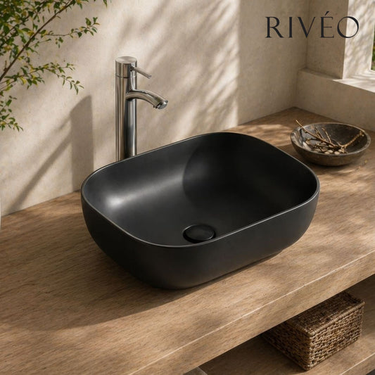 Vasque à Poser Carrée Arrondie RIVÉO – 455 × 325 mm – Avec Bonde