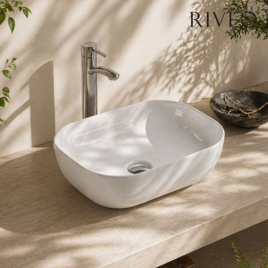 Vasque à Poser Carrée Arrondie RIVÉO – 455 × 325 mm – Avec Bonde