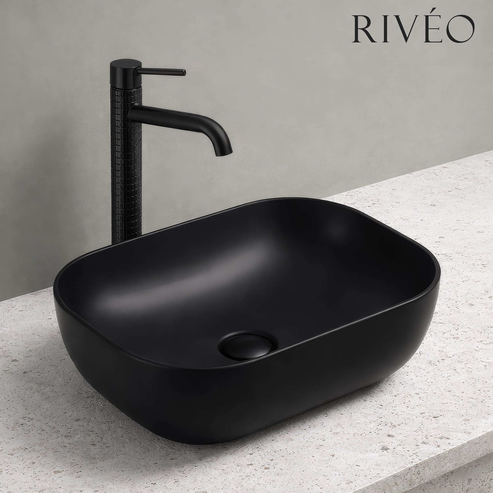 Vasque à Poser Carrée Arrondie RIVÉO – 455 × 325 mm – Avec Bonde