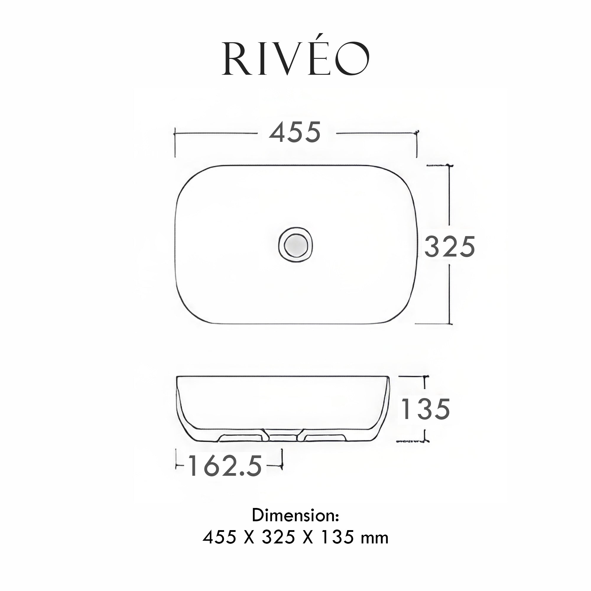 Vasque à Poser Carrée Arrondie RIVÉO – 455 × 325 mm – Avec Bonde