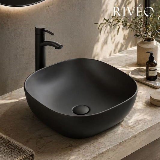 Vasque à Poser Carrée Arrondie RIVÉO – 425 × 425 mm – Avec Bonde