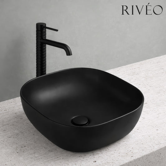 Vasque à Poser Carrée Arrondie RIVÉO – 425 × 425 mm – Avec Bonde