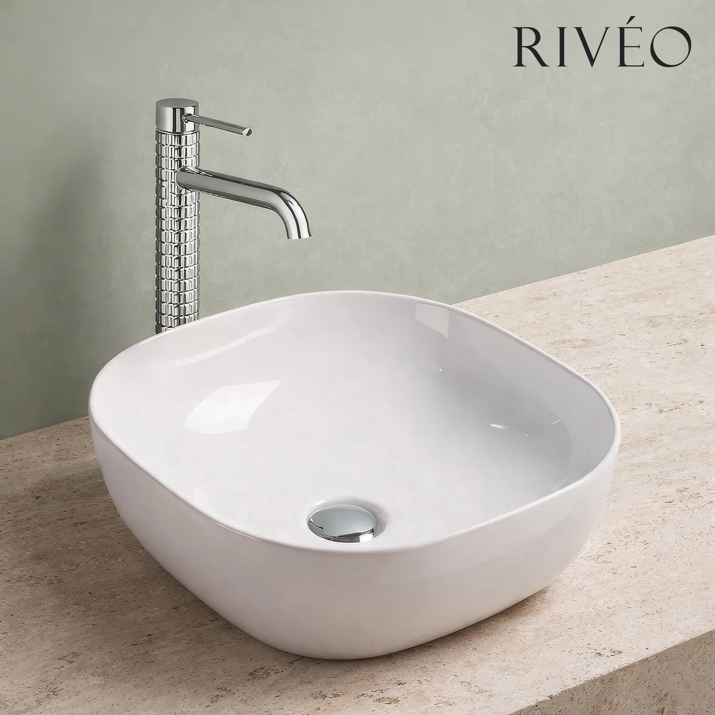 Vasque à Poser Carrée Arrondie RIVÉO – 425 × 425 mm – Avec Bonde