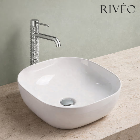 Vasque à Poser Carrée Arrondie RIVÉO – 425 × 425 mm – Avec Bonde