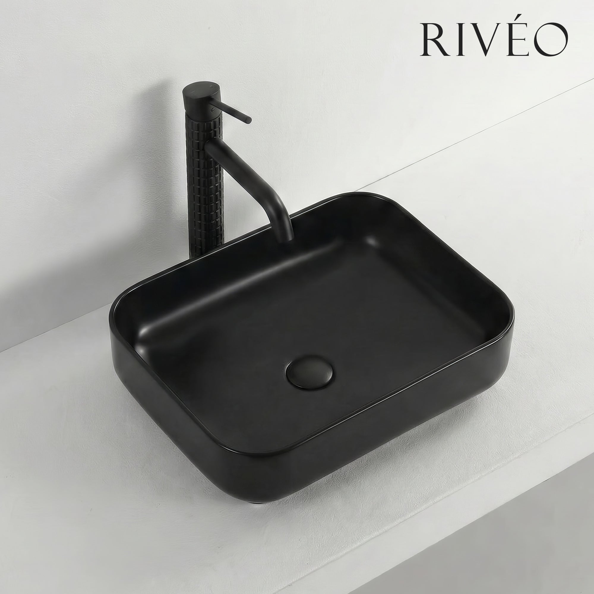 Vasque à Poser Carrée Arrondie RIVÉO – 500 × 400 mm – Avec Bonde